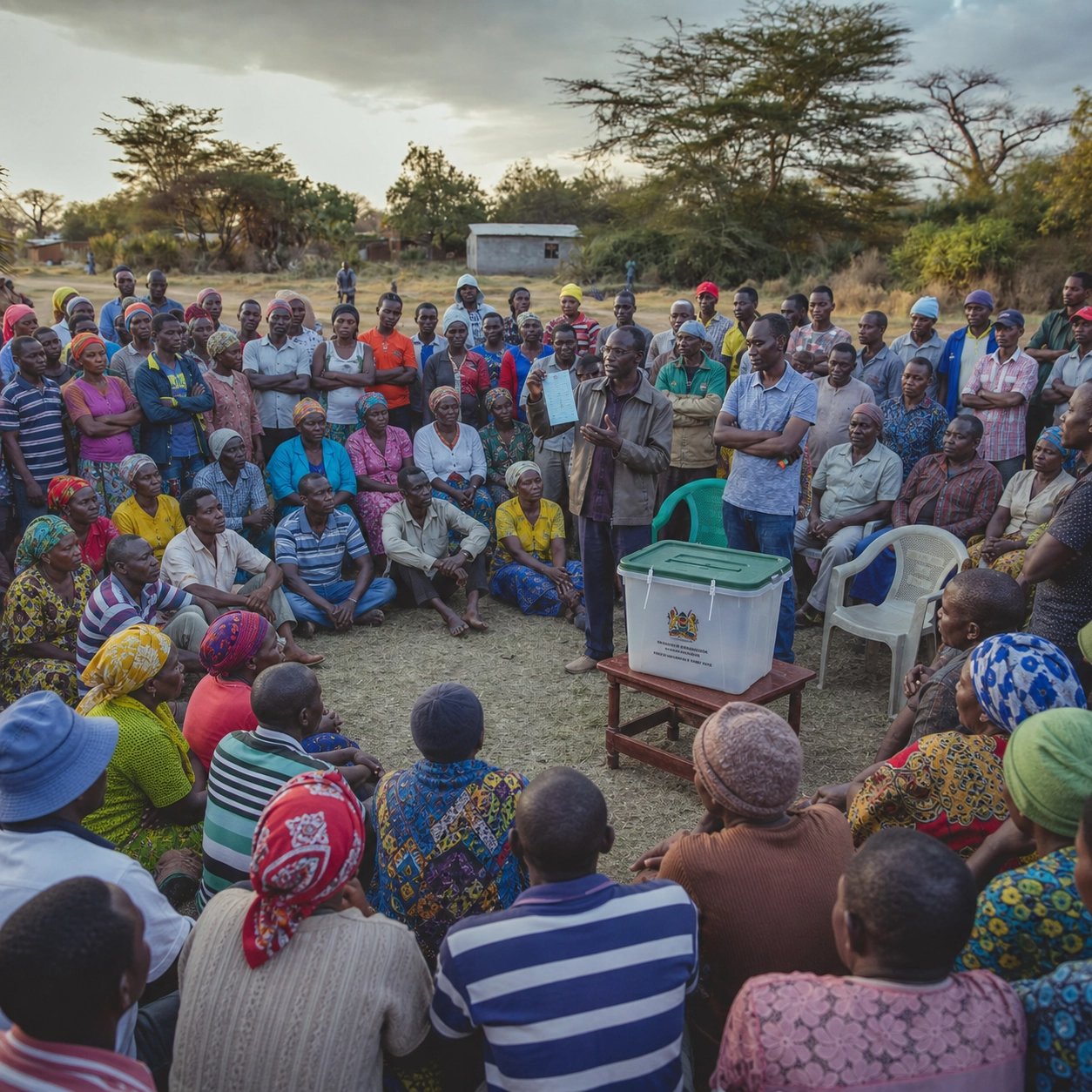 A community gathering around a ballot box at a voter education forum